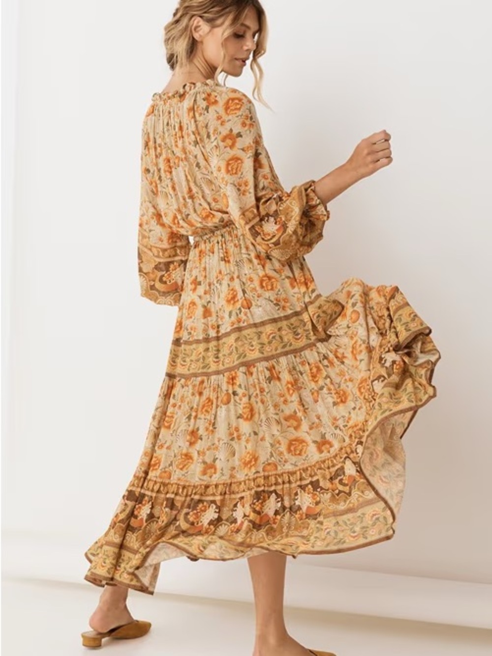 Spell Floral Long Sleeve Midi Dress in Orange and Cream